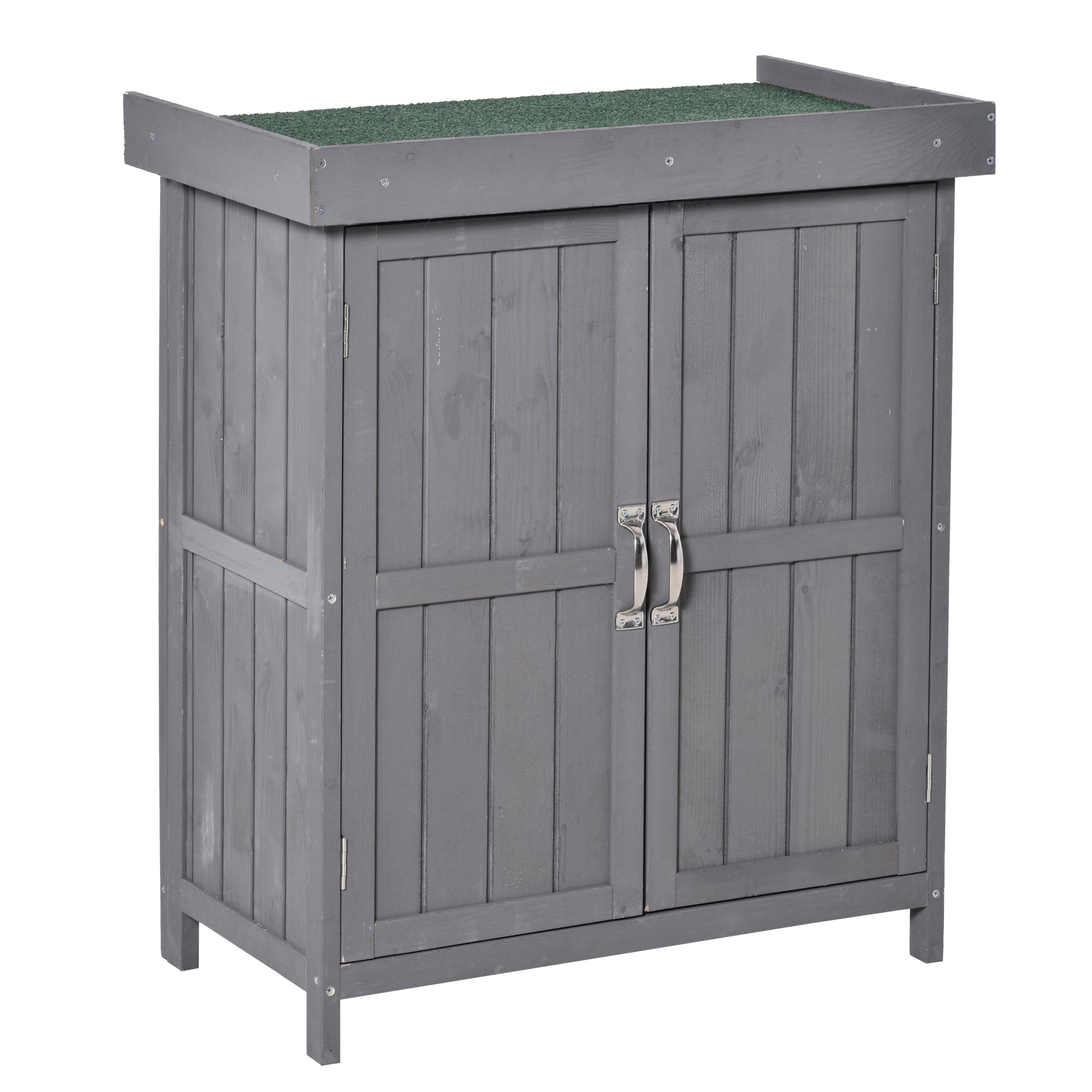 Outsunny Garden Tool Storage Shed Wooden Kit Hinged Roof 2-Tier Shelves Double Doors Dark Grey