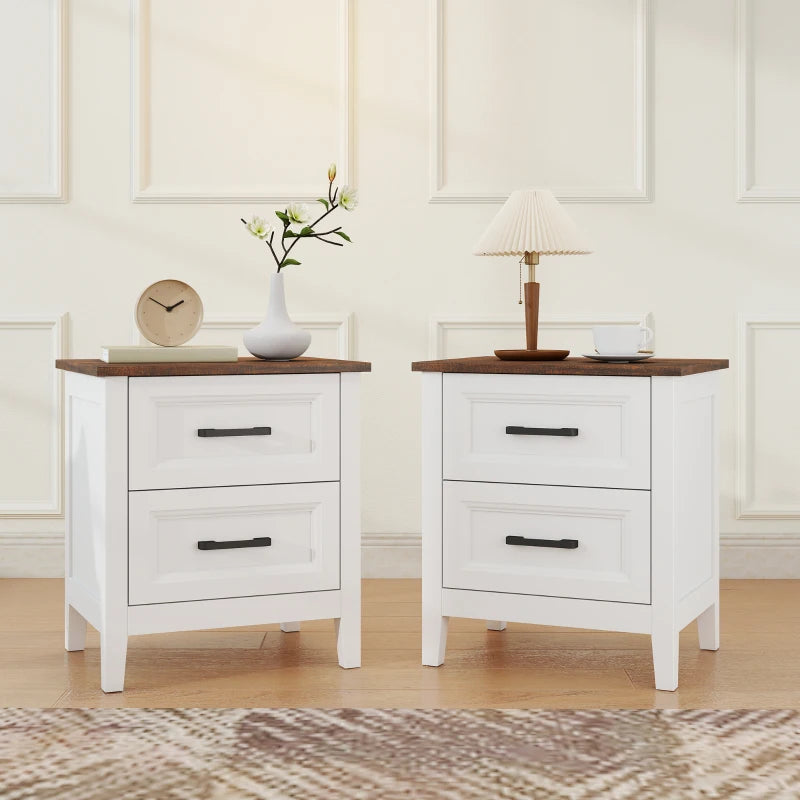 HOMCOM Farmhouse Nightstand Set of 2 with 2 Drawers, Wood-Effect Top Bedside Tables for Bedroom & Living Room – White