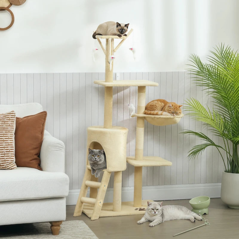 53" Cat Tree Tower, Kitten Activity Centre with Scratching Posts, Condo, Perches, Ladder, Hammock, Dangling Toys, Beige