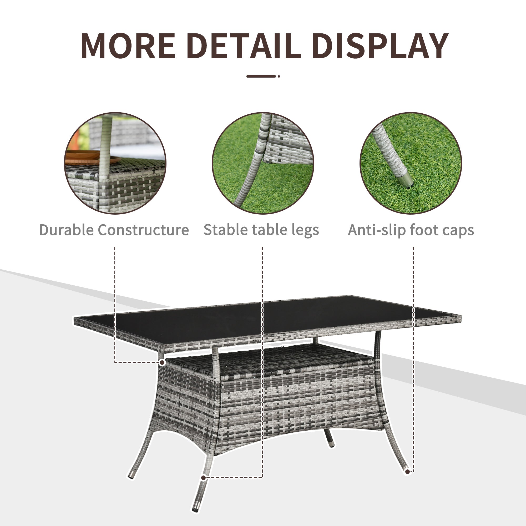 Outsunny Patio Rattan Dining Table with Glass Top Storage Shelf Yard Furniture 59"x34"x29" Grey