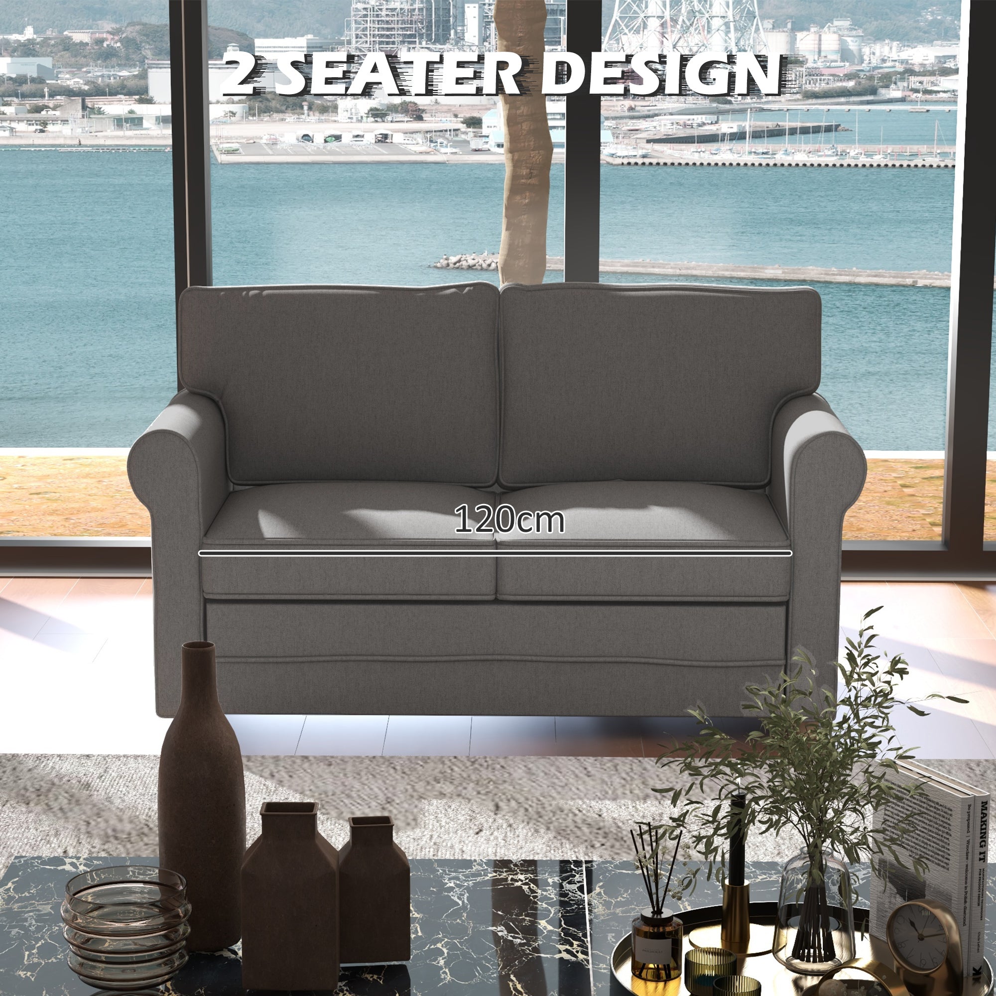 HOMCOM 59" Loveseat Sofa for Bedroom Modern Love Seats Furniture Upholstered 2 Seater Couch with Solid Steel Frame Dark Grey