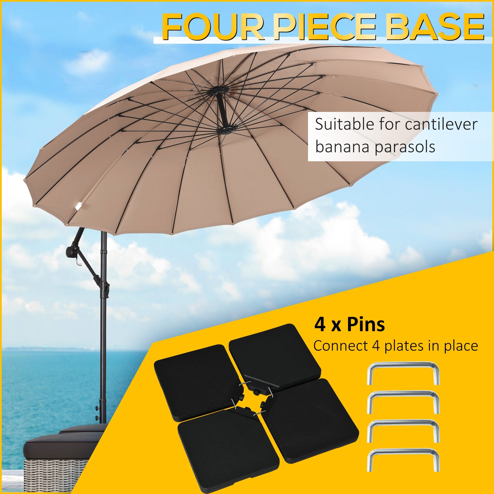 Outsunny Cantilever Weights: Set of 4 Sand/Water Fillable Bases for Banana Umbrellas Black