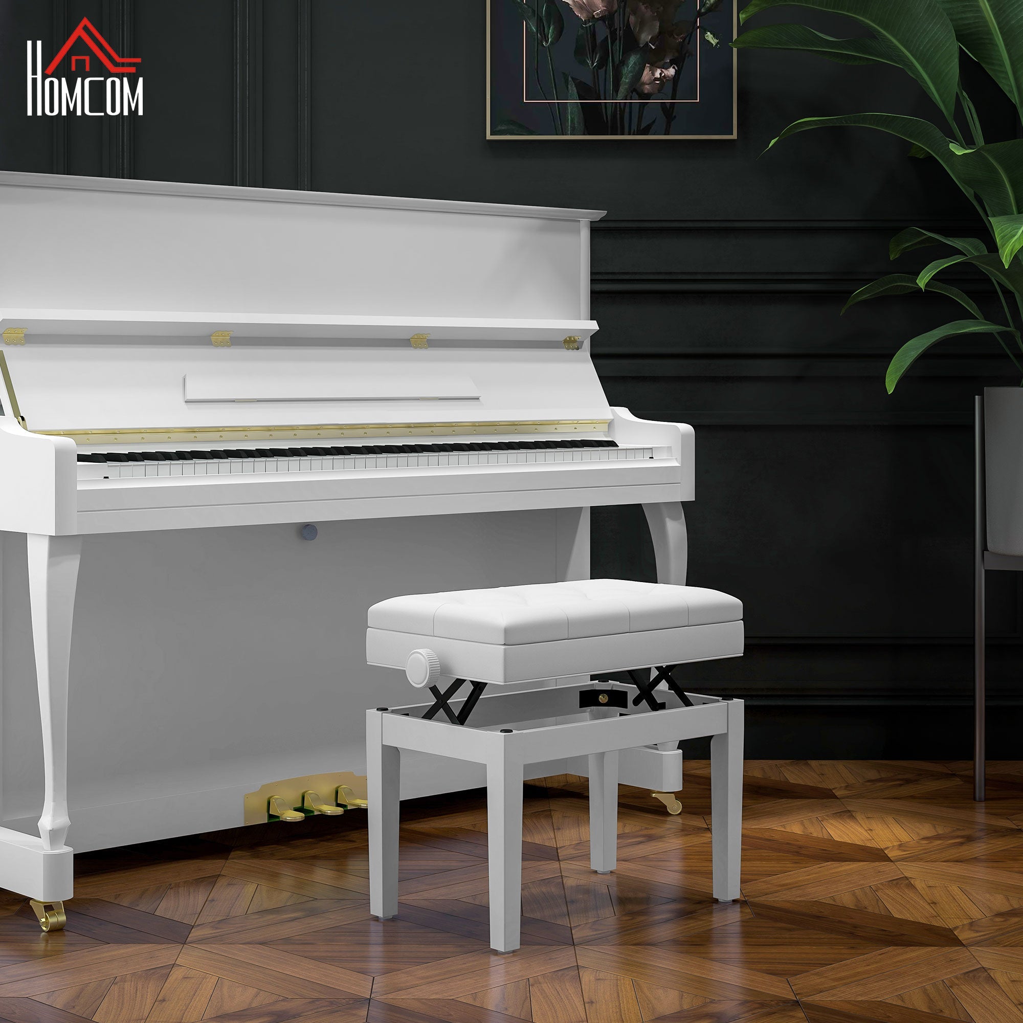 HOMCOM Adjustable Piano Bench with Storage and Soft PU Leather Padded, with Enough Music Storage Design, White