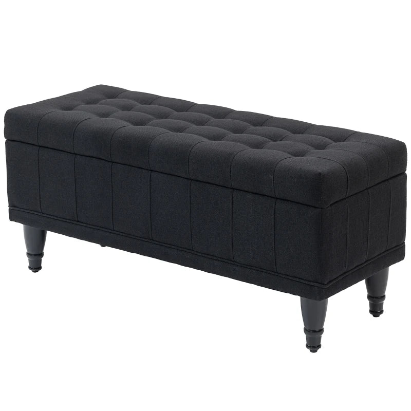 Storage Ottoman, Linen Fabric End of Bed Bench with Button Tufted Storage Bench for Bedroom, Black
