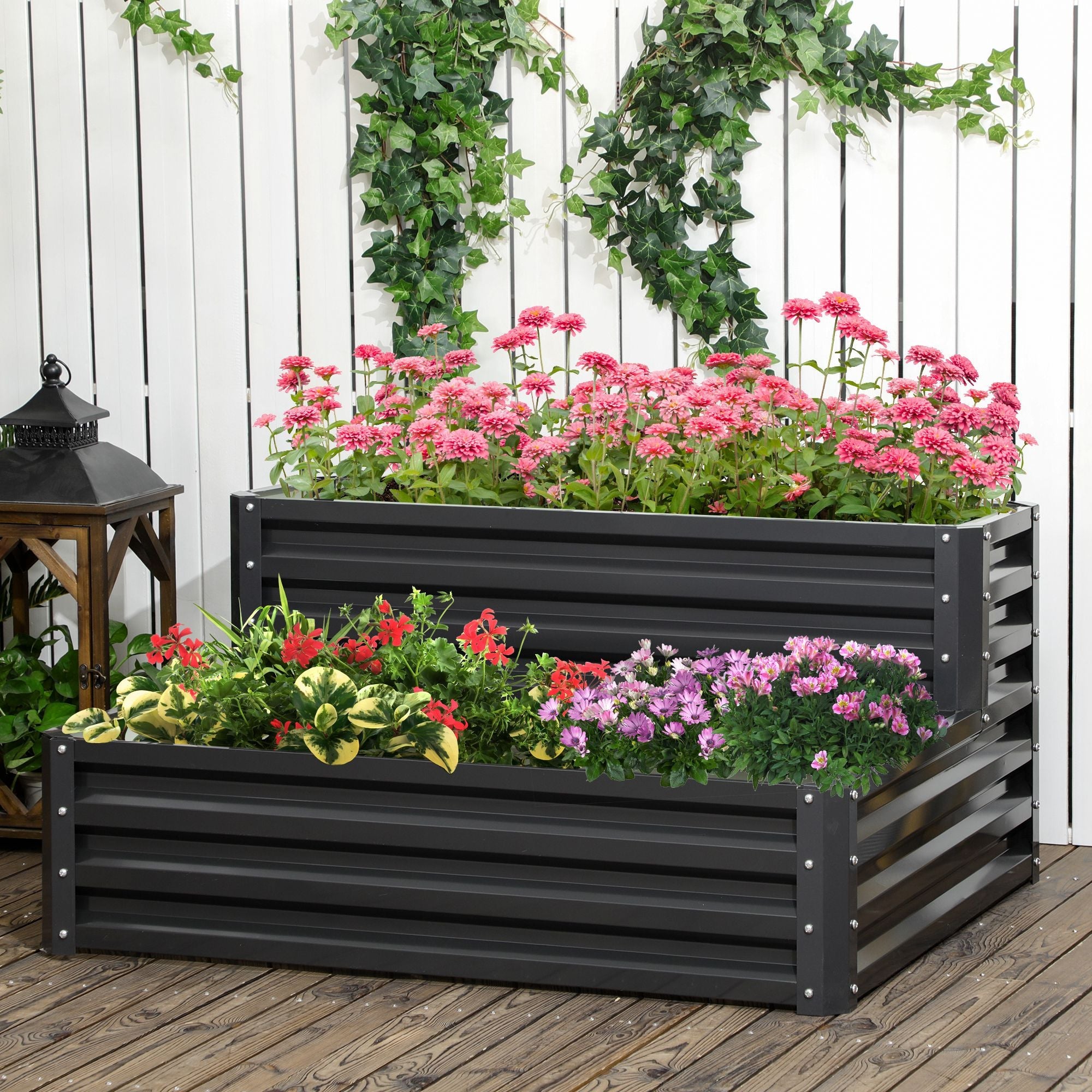 Outsunny 2 Tier Raised Garden Bed Galvanized Steel Planter Box Patio Backyard Veggies Flowers Herbs Growing Dark Grey 47"x40"x23"