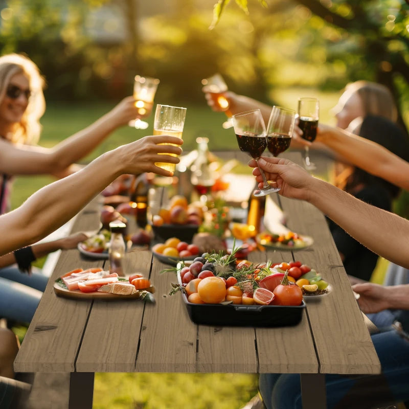 5.7 FT Outdoor Picnic Table with 2" Umbrella Hole, Spruce Wood Dining Table and 795 LBS Benches with Steel Frame, Brown
