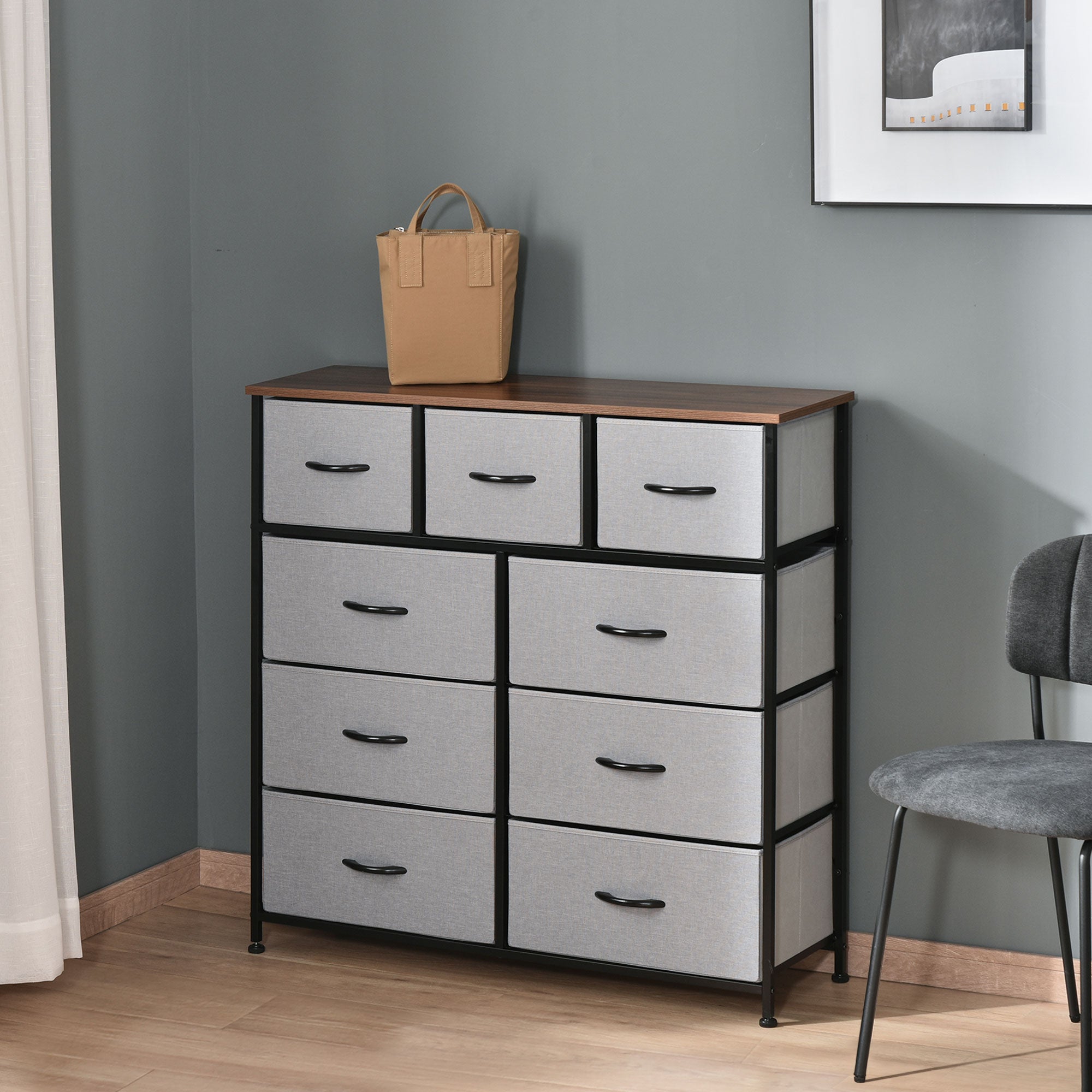 HOMCOM 9-Drawer Storage Dresser: Fabric Bins, Steel Frame & Wood Top for Living Spaces
