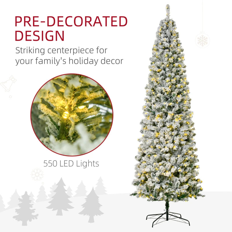 HOMCOM 7.5FT Prelit Snow Flocked Christmas Tree with Warm White LED Lights, Artificial Holiday Decoration