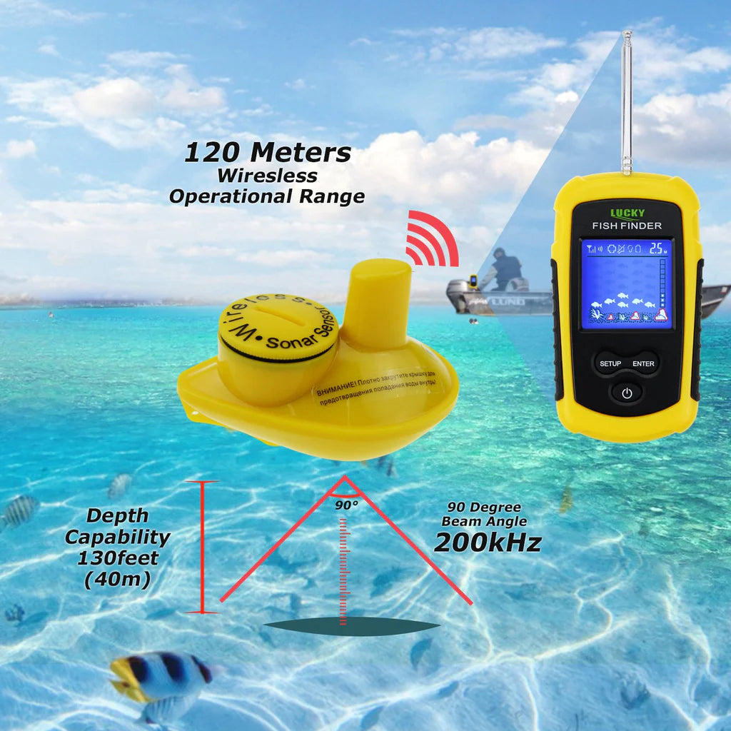 FFCW-1108-1 Wireless Fish Finder Sonar, 393 ft Wireless Range, 147 ft Depth Detection, 2" TN Anti-UV LCD Display