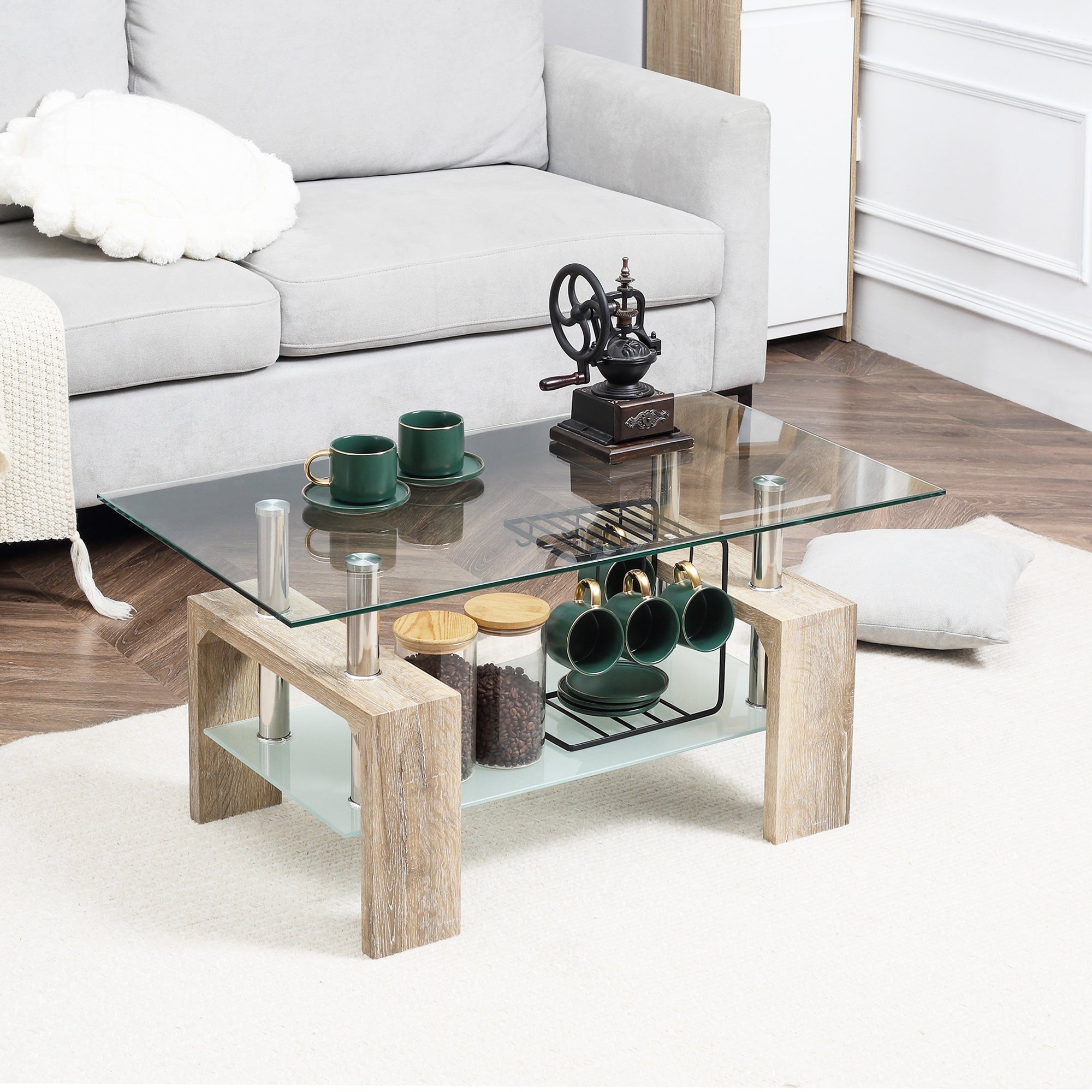 HOMCOM Natural Rectangle Glass Coffee Table: 2-Tier Table with Storage Shelf, Tempered Glass Top for Living Room