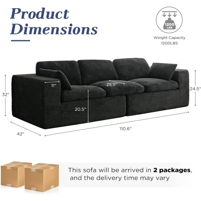 110" Oversized Cloud Sofa – 3-Seater Boneless Couch with Plush Corduroy