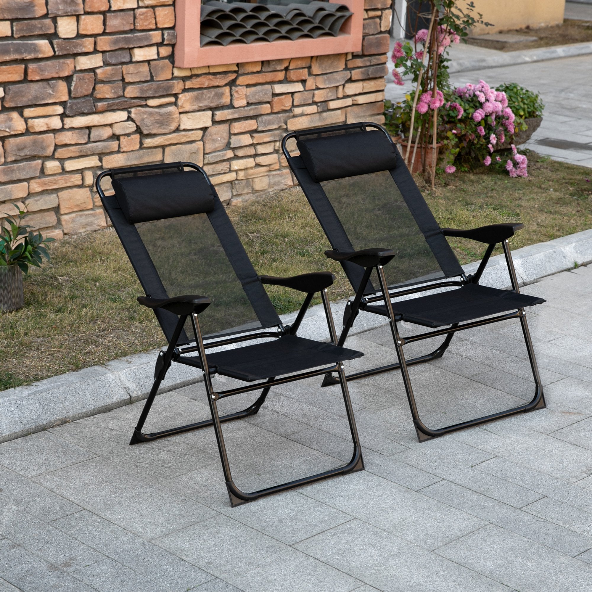 Outsunny Dual Camping Delight: Double Foldable Reclining Camping Chairs with Headrest, Black