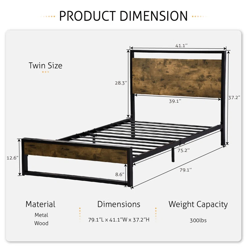 Fenham Black Metal Platform Bed with Industrial Wood Headboard