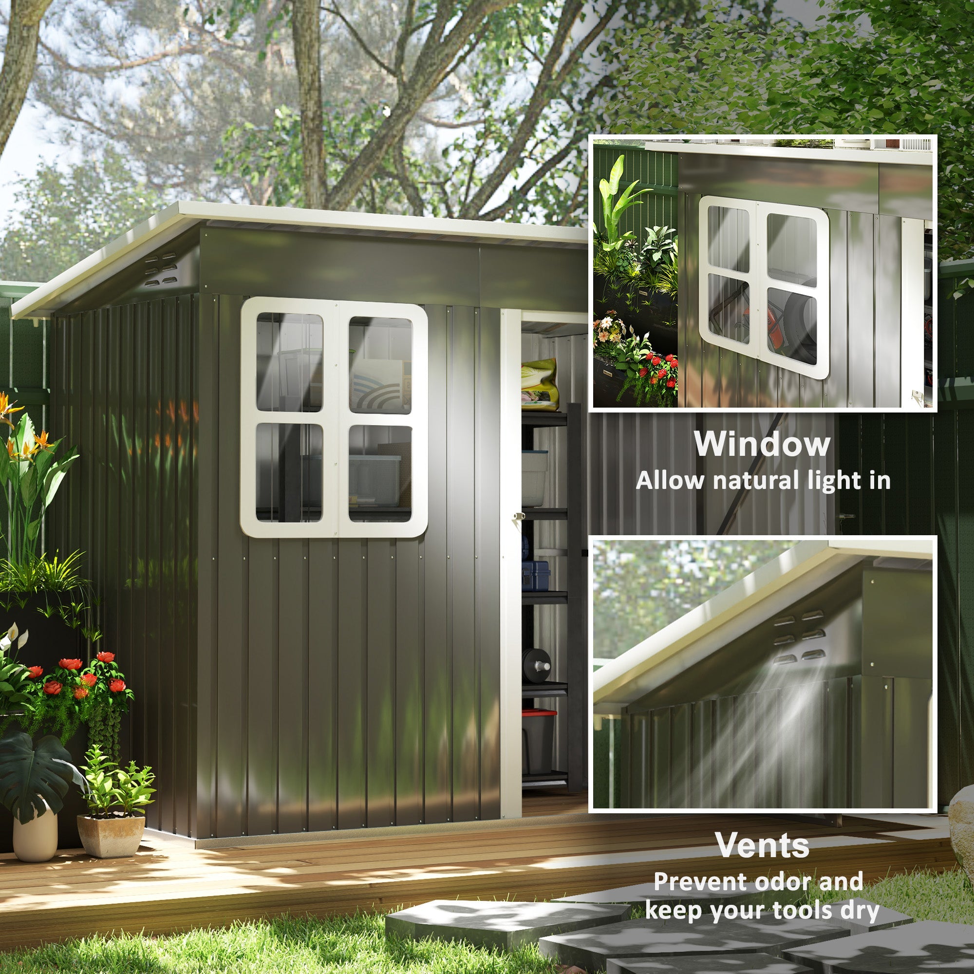 Outsunny 7' x 4' Galvanised Steel Outdoor Storage Shed, Garden Shed with Window, Lockable Wide Door and Air Vents, Dark Grey