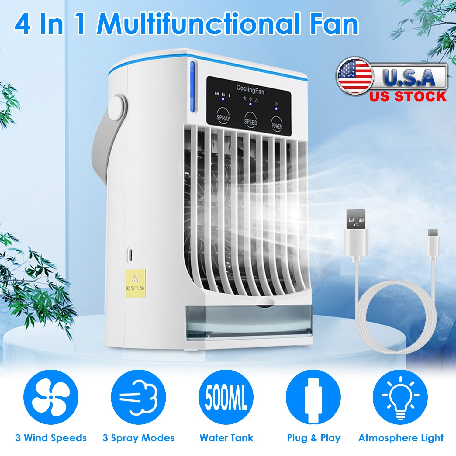 Portable Air Conditioner Fan Evaporative Humidifier 3 Speed Spray Personal Cold Mist Air Cooler Desk Table Fan Water Tank Night Light Adjustable Angel