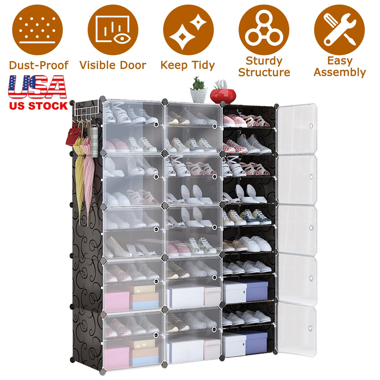 10-Tier 3-Row Shoe Rack Organizer Stackable Free Standing Shoe Storage Shelf Plastic Shoe Cabinet Tower with Transparent Doors for Heels Boots Slipper