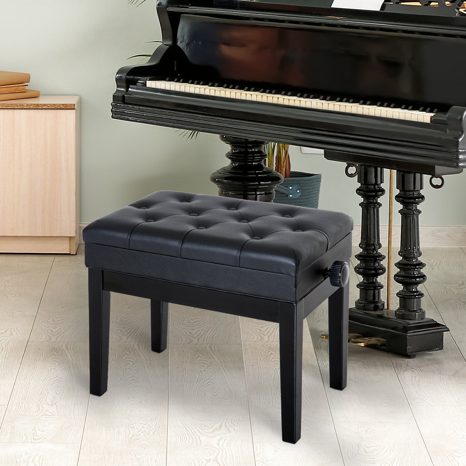 HOMCOM Height Adjustable Piano Bench w/ Thick and Soft PU Leather Padded w/ Enough Music Storage Design Black