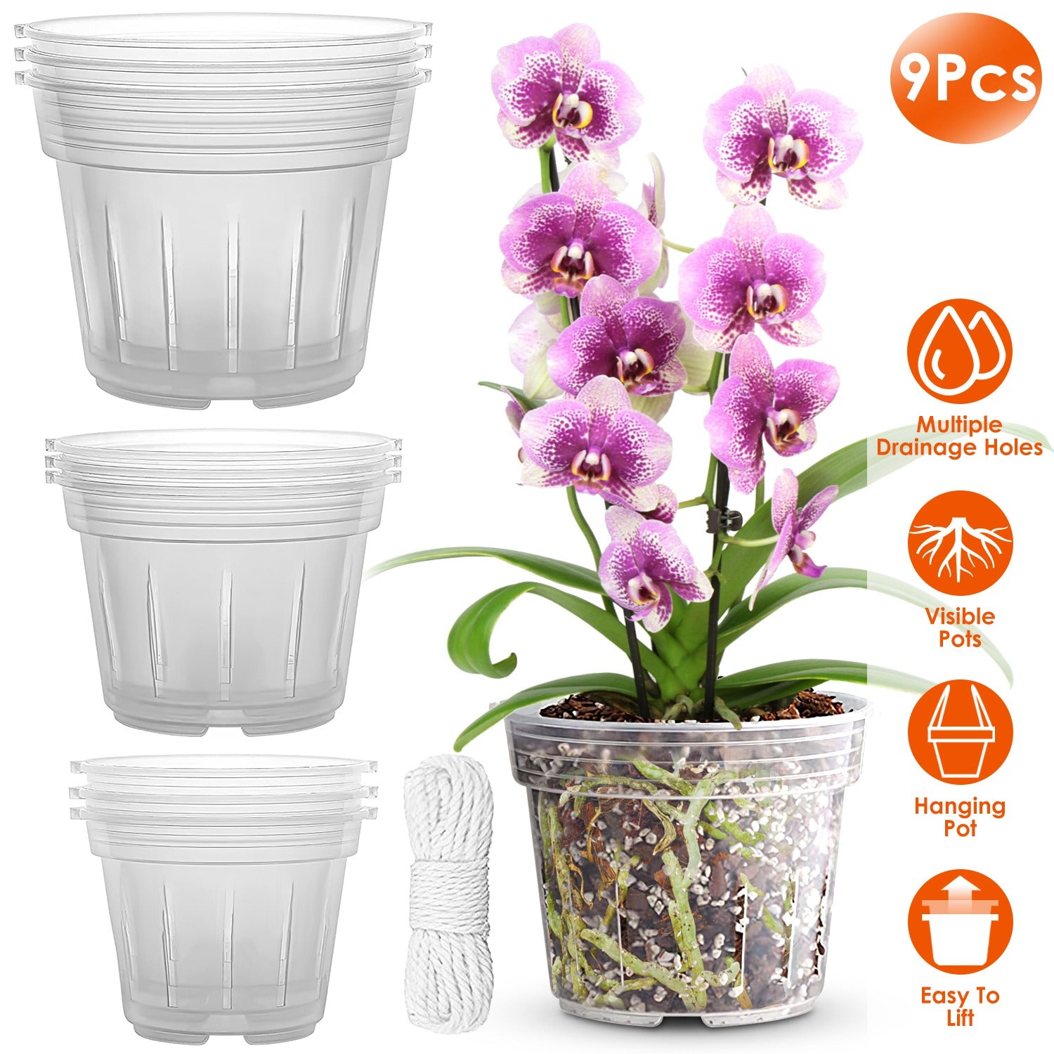 9Pcs Orchid Pots Clear Reusable Plastic Flower Plant Nursery Planter Seed Starter Pots with Drainage Holes with 32.8FT Rope 4.72in/5.51in/6.29in