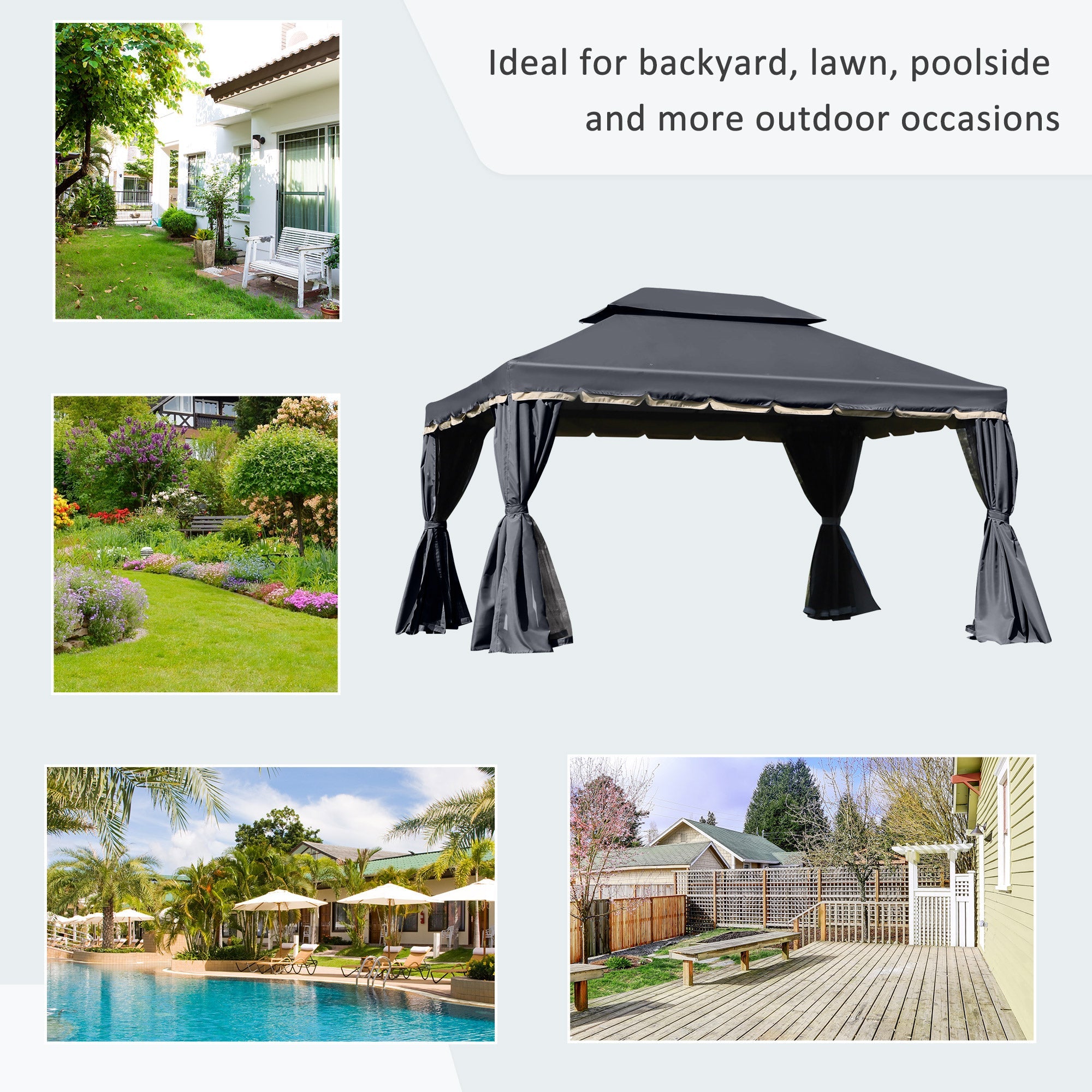 Outsunny Outdoor Patio Gazebo 13x10ft Canopy 2-Tier Roof Vented Mesh Sidewall Aluminum Frame Black