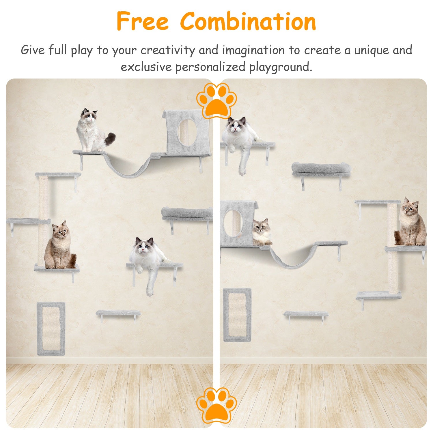 6 Set of Cat Wall Shelves Perch Cat Wall Furniture Wall Mounted Cat Climber with 3 Cat Shelves 2 Cat Houses 1 Cat Scratching Post Wooden Plush