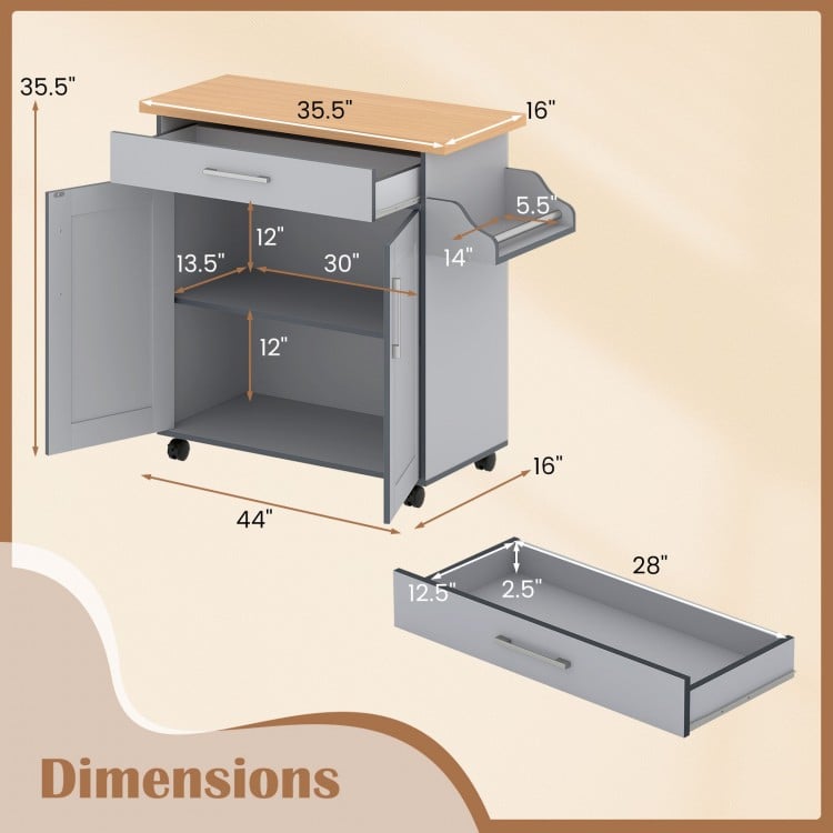 Rolling Kitchen Island Cart with Towel and Spice Rack-Gray