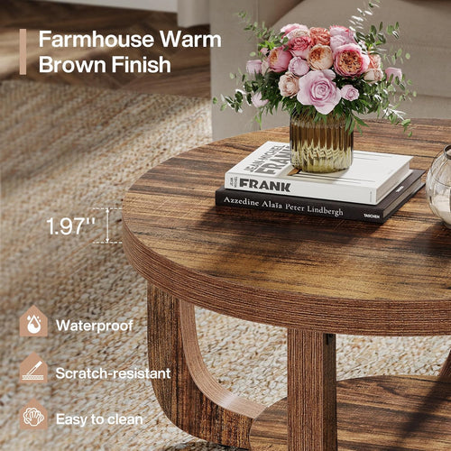 31.5" Round Coffee Table with 2-Tier Storage, Modern Farmhouse Circle Center Table with Thick Wood Top & Rustic Brown Finish