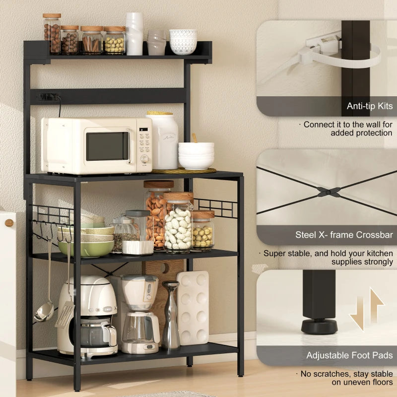 Kitchen Baker's Rack with Power Outlet, Coffee Bar Station with Adjustable Shelves and Hooks, Rustic Brown