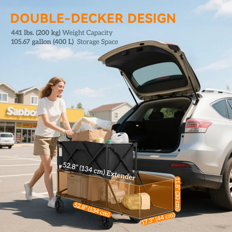 Double Decker Folding Wagon Cart, 450LBS & 350L Capacity Collapsible Garden Cart for Camping Sports Shopping and Beach
