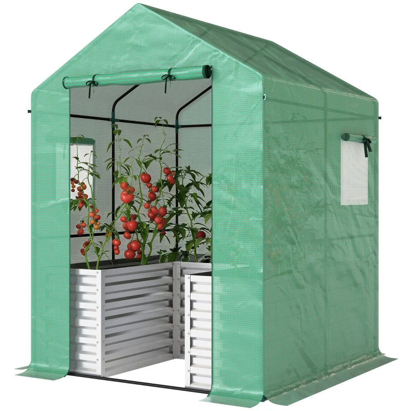 Greenhouse with Raised Garden Bed, Galvanized Metal Planter Box with PE Cover, Roll Up Door, 56" x 56" x 75", Green