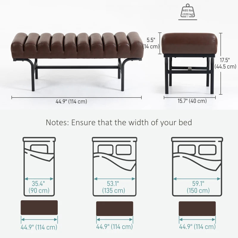 Bedroom Bench PU Leather End of Bed Bench with Cylindrical Seat and Metal Legs for Bedroom Living Room Hallway Brown