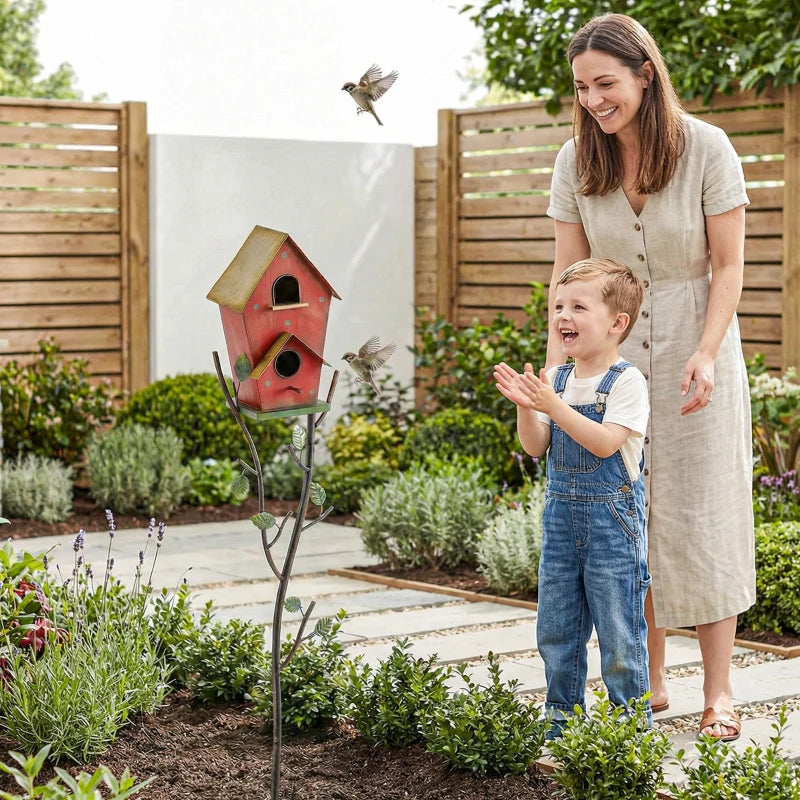 57" Outdoor Bird House with Pole, Metal Bird Houses for Outside, Double-Hole Birdhouse Outdoor Decoration, Red