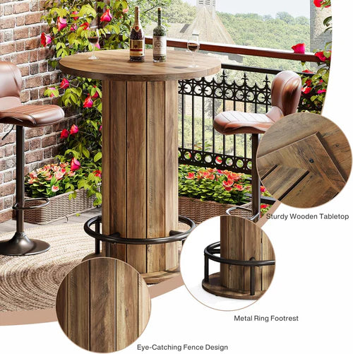 31.5" Round Bar Table with Footrest, Farmhouse Bistro Pub Table with Fence-Style Base & Rustic Brown Wood Finish