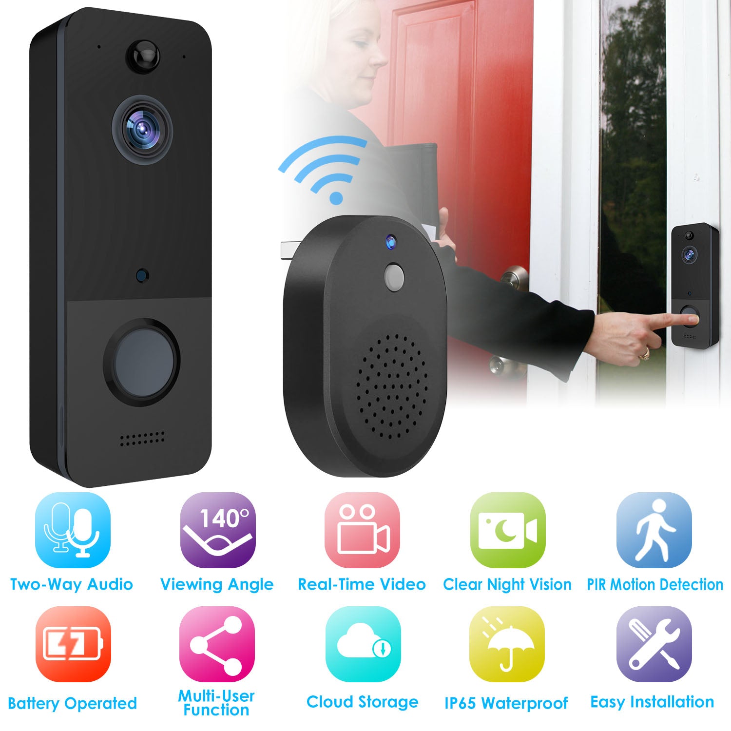 Wireless Smart Wi-Fi Video Doorbell Security Phone Door Ring Intercom Camera Two Way Audio Night Vision 720P Motion Detection Battery Operated