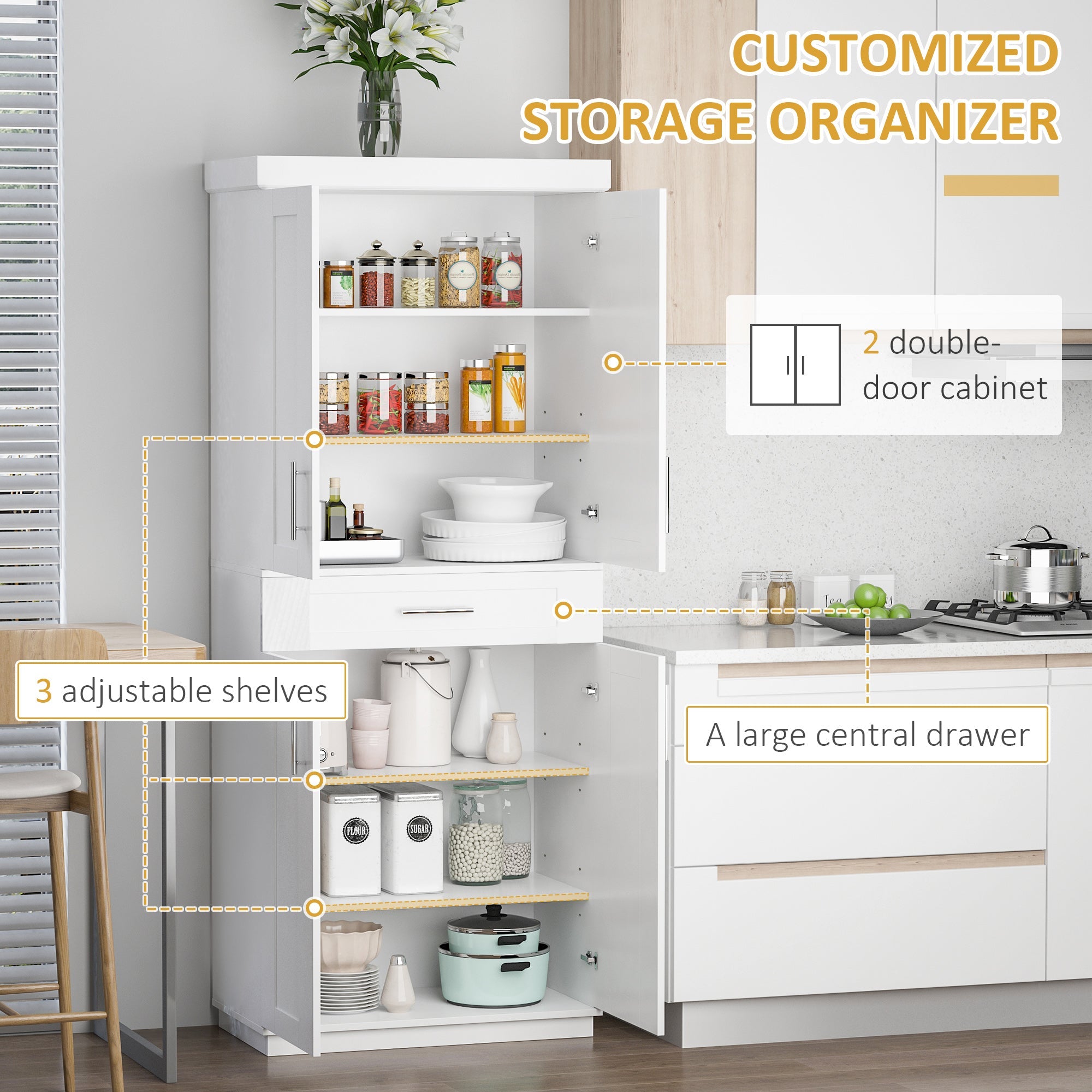 HOMCOM White Modern Pantry Cabinet: Freestanding Kitchen Cupboard with Doors, Shelves and Adjustable Shelving