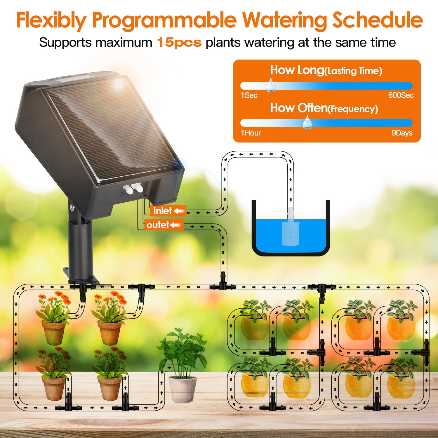 Automatic Solar Powered Drip Irrigation System Kit Rechargeable Plant Programmable Watering Timer Device Up to 15 Plants For Indoor Outdoor Patio Gard