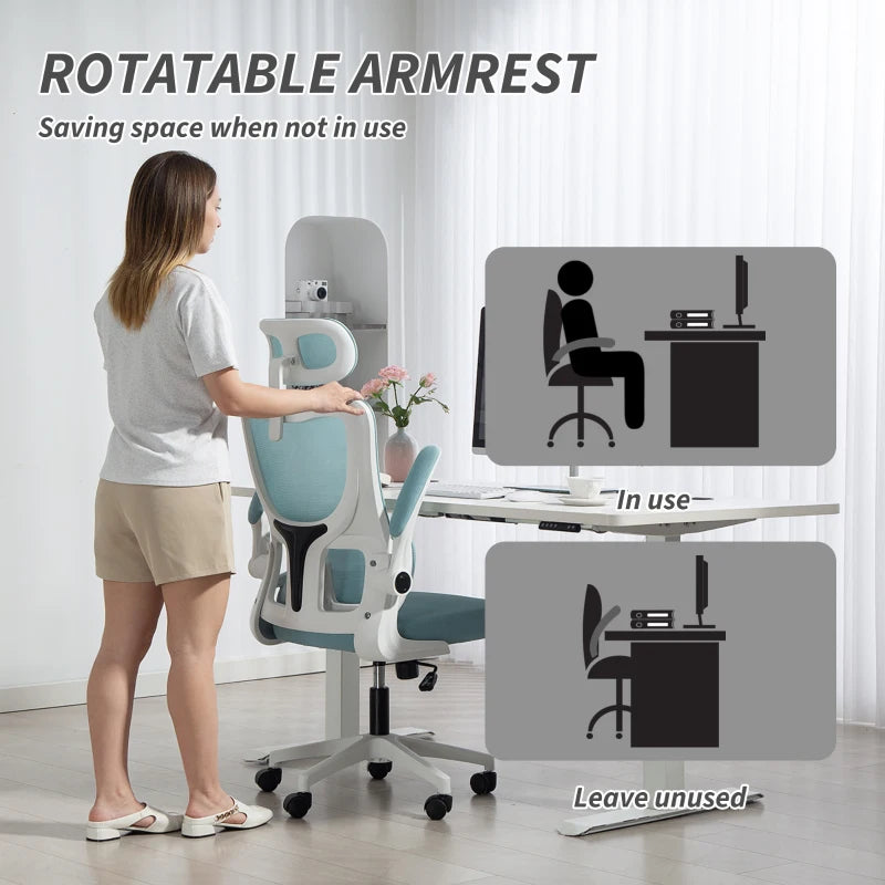 High Back Office Chair, Mesh Computer Chair with Rotatable Headrest, Lumbar Back Support, Adjustable Height, Light Blue