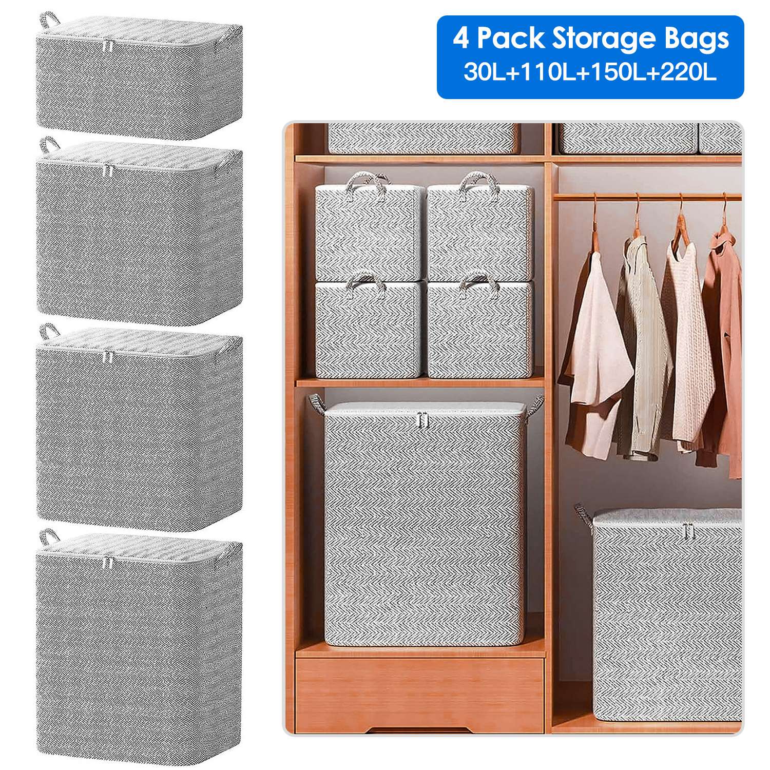 4 Pack Foldable Non Woven Storage Bags Closet Organizers Wardrobe Sorting Baskets with 2 Handles Dustproof Lid Zipper for Clothes Quilt 30L 110L 150L