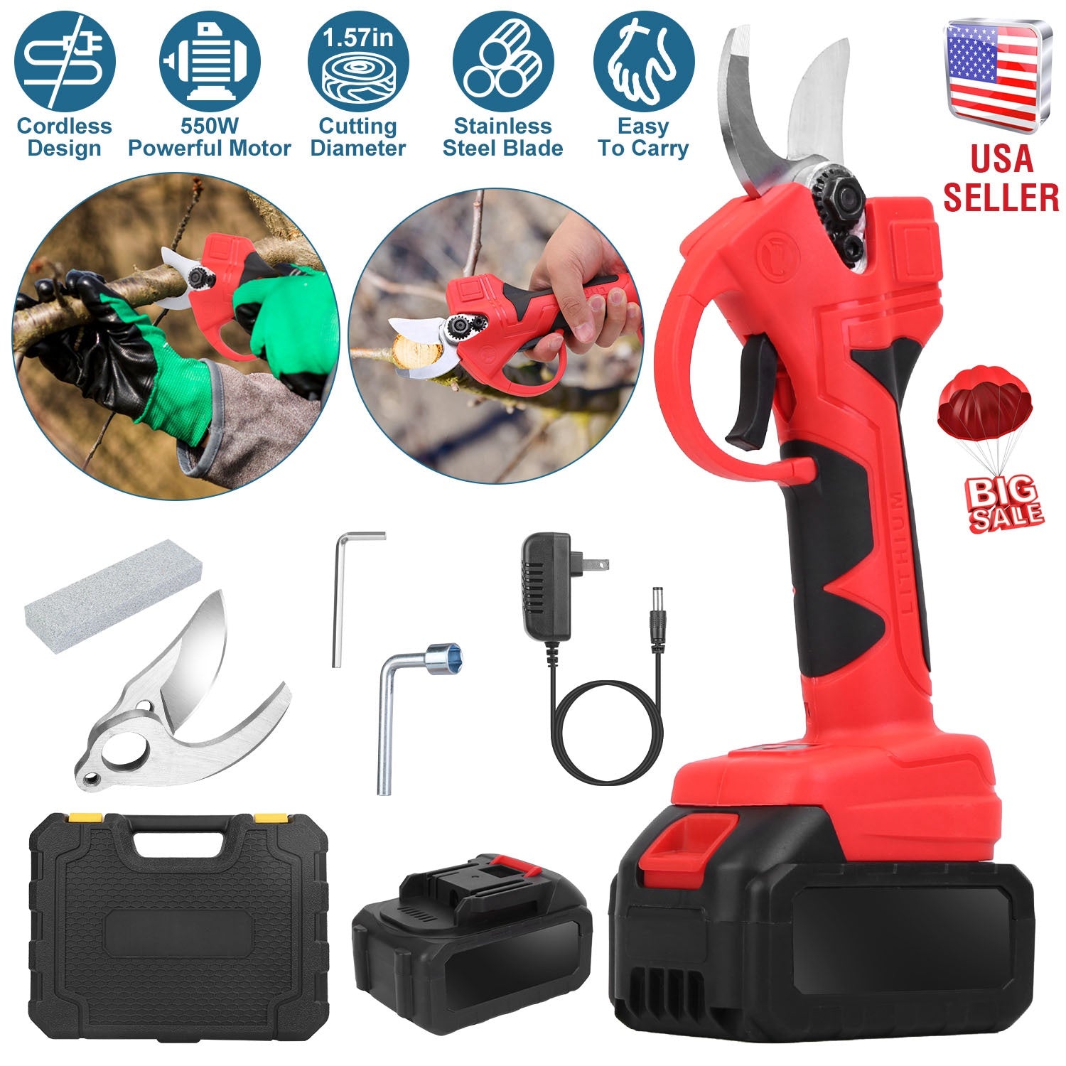 21V Cordless Electric Pruning Shears 40mm 1.57" Electric Branch Scissors Tree Branch Cutter with 2 Rechargeable Batteries Sharpening Stone Blade Repla