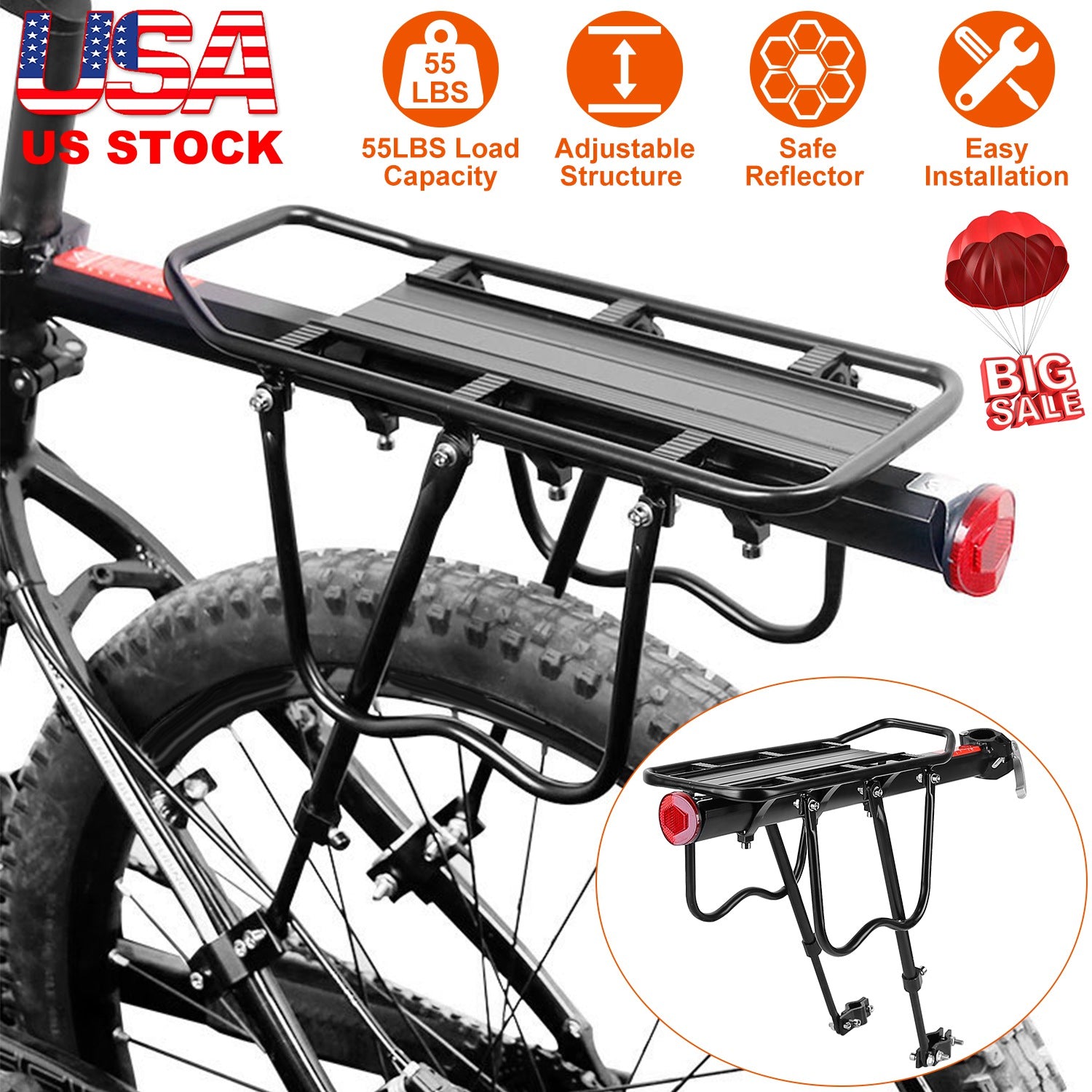 Bike Cargo Rack Adjustable Bicycle Rear Rack Cycling Luggage Carrier with Elastic Cord Red Reflector 55LBS Load Capacity