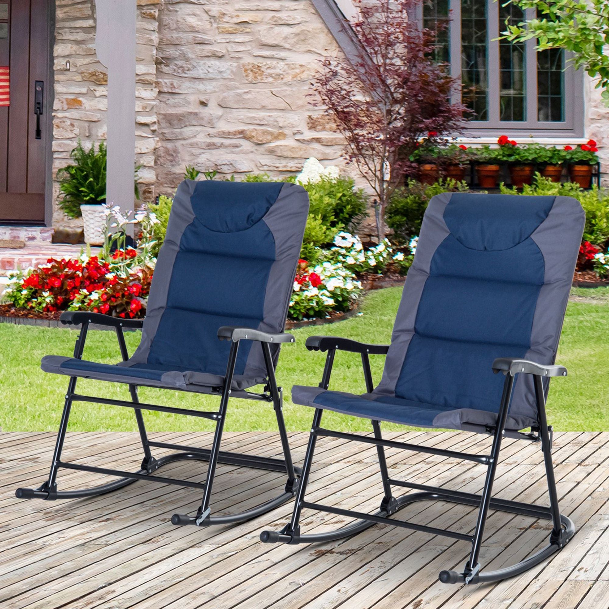 Outsunny Folding Rocking Chair Set 2 Pack Padded with Armrest Navy Blue Grey for Outdoor Comfort