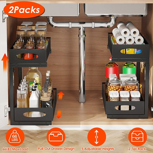 2Pcs Under Sink Organizer 2 Tier Pull Out Cabinet Baskets Storage Shelf Sliding Storage Drawers Rack with 5 Adjustable Height Mesh Baskets for Home Ki