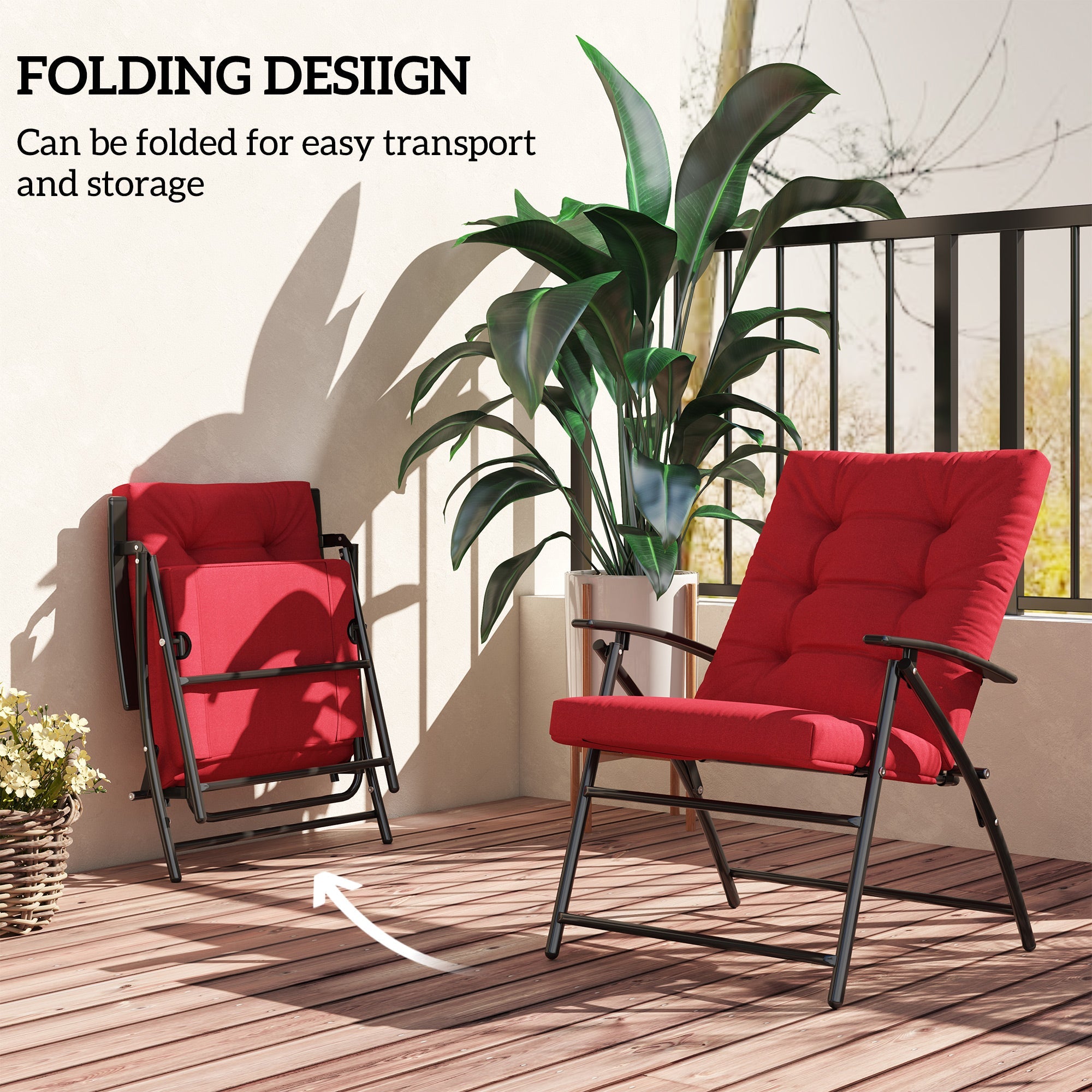 Outsunny Foldable Lounge Chair, Fabric Upholstered Recliner, Outdoor Lounger with Armrest, Metal Frame for Backyard, Red