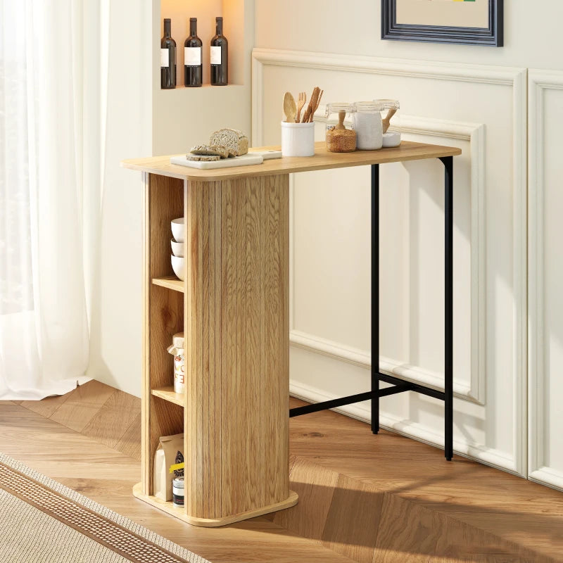 Tambour Bar Height Table with 3 Storage Shelves Rectangular Bar Table with Metal Frame for Kitchen Dining Room Natural