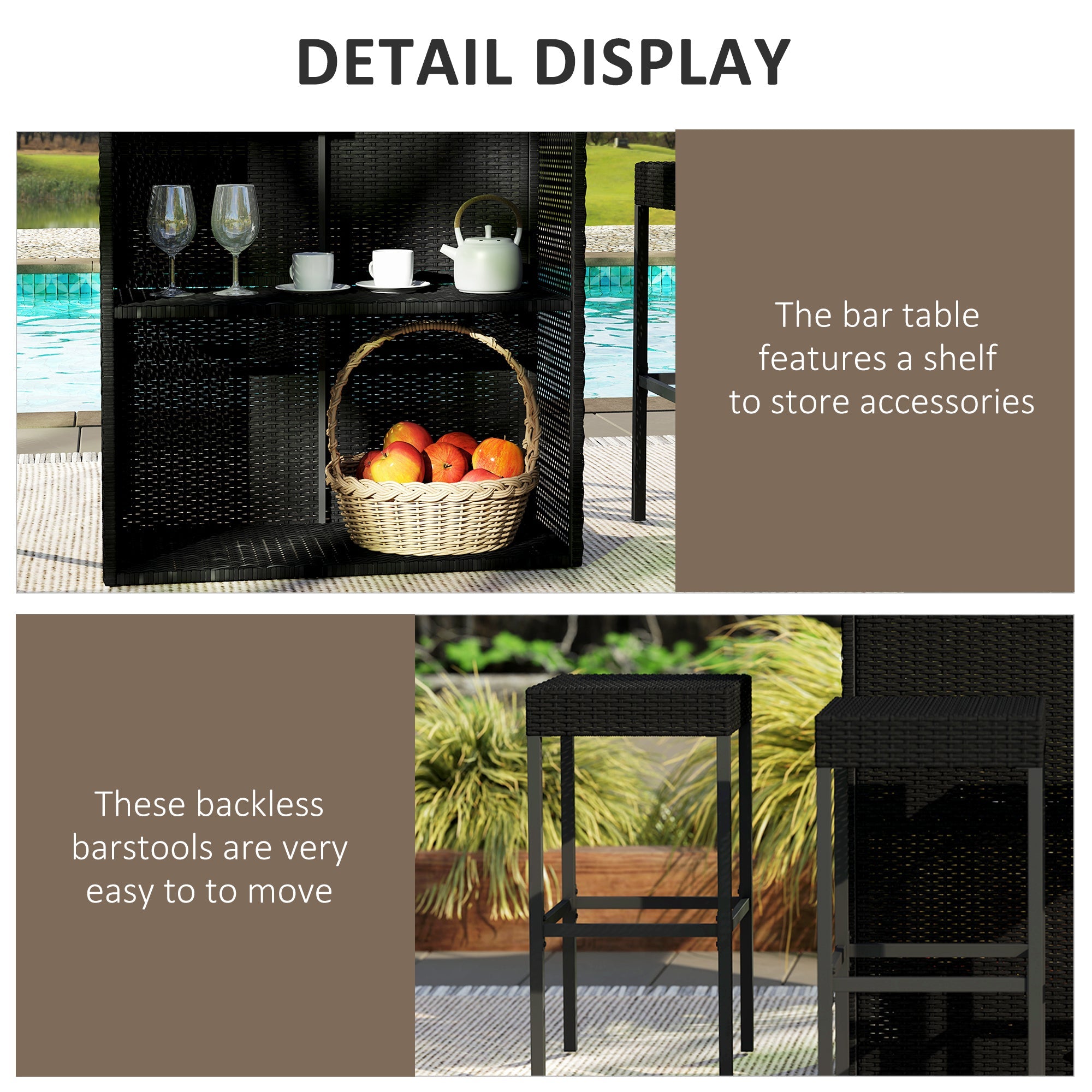 Outsunny 5 Pieces Patio Bar Set, Outdoor PE Rattan Wicker High Top Outdoor Table and Chairs with Glass Top Bar Table and Shelfs, 4 Bar Chairs, Black