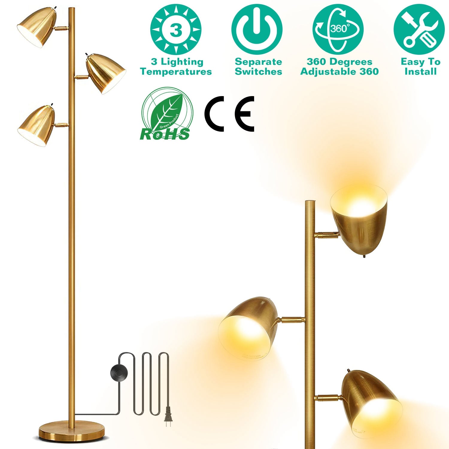 Black Tree Standing Floor Lamp Metal 3 Color Temperature Reading LED Bulb Light 360 Degree Adjustable Individual Separate Switch Living Room Bedroom O