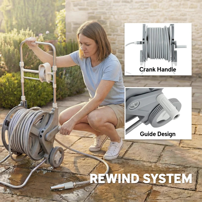 Hose Reel Cart with Wheels, 1/2" x 148ft Garden Hose Reel with 2 Patterns Nozzle, Faucet Adaptors, Rewind Handle, Grey