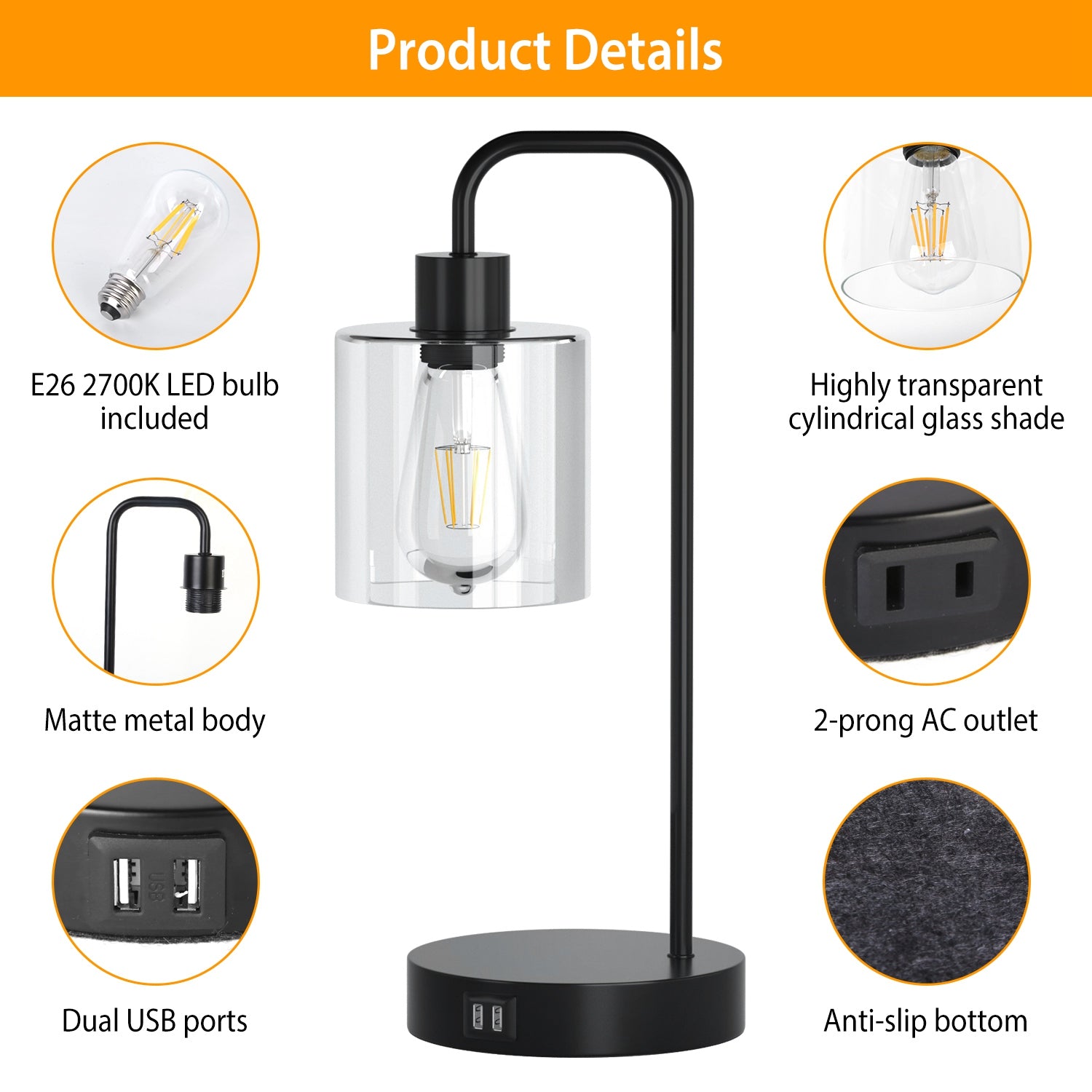 2Packs Touch Control Table Lamp 3-Way Dimmable Nightstand Reading Lamp With Glass Shade or Bedroom Living Room Dual USB Ports AC Power Outlet LED Bulb