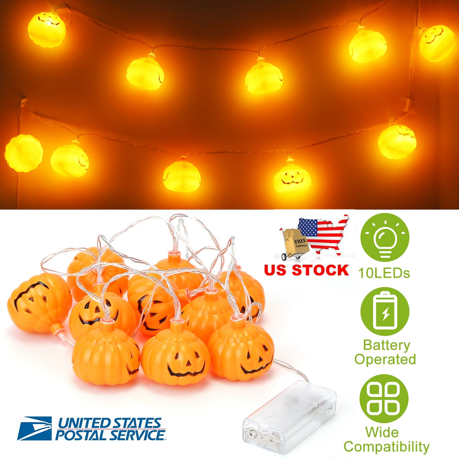 Halloween String Lights 59IN Total Length Pumpkin LED Lamps Battery Powered Decorative Holiday Lights For Indoor Decor