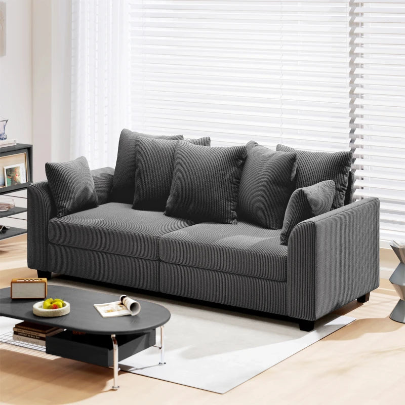 Corduroy Couch with 6 Back Cushions, 2 Pillows and Curved Armrests, Modern 3 Seater Sofa, Dark Grey