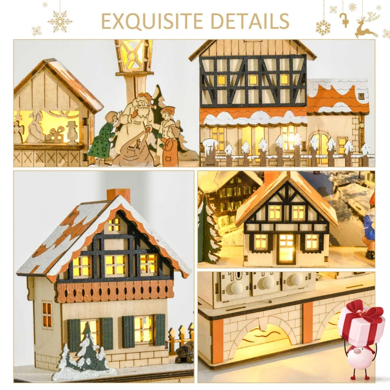 Christmas Advent Calendar, Light Up Table Xmas Wooden Store Holiday Decoration with Countdown Drawer, Village, for Kids and Adults, Natural